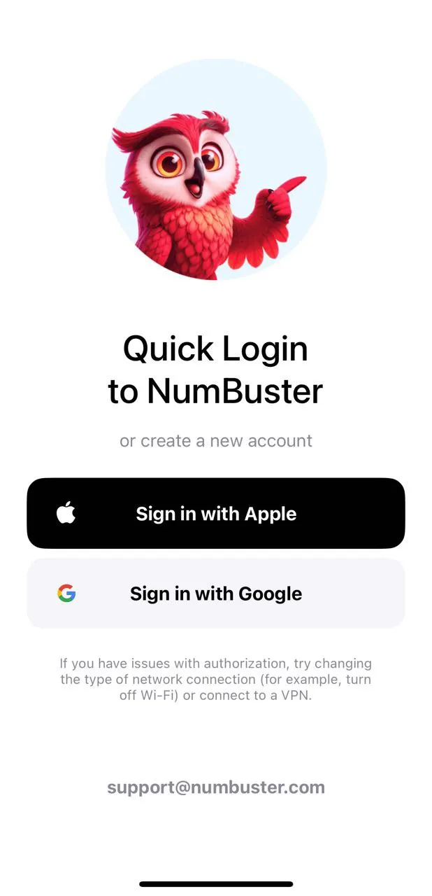 Быстрая авторизация в NumBuster через Apple или Google для входа в приложение