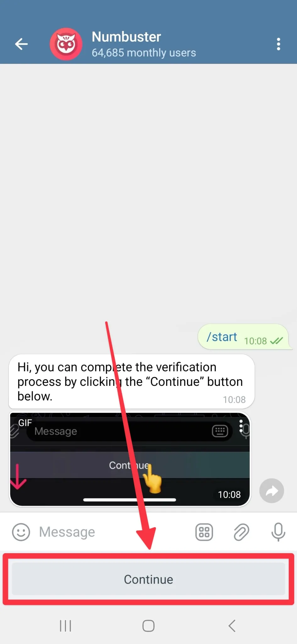 Кнопка Continue для подтверждения номера телефона в боте Telegram NumBuster
