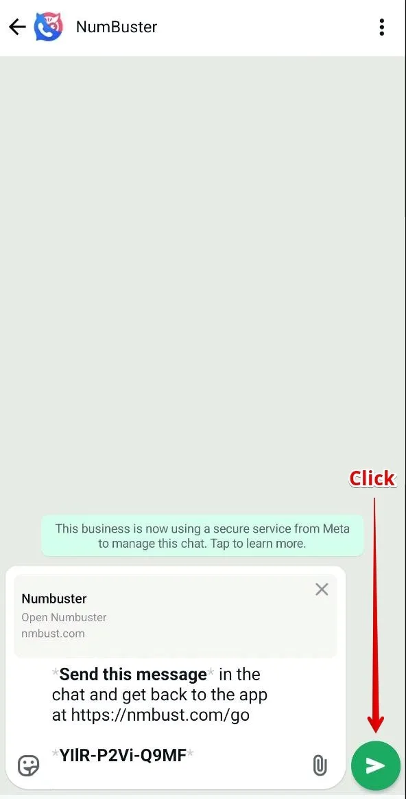 Отправка кода подтверждения в WhatsApp боте NumBuster для входа