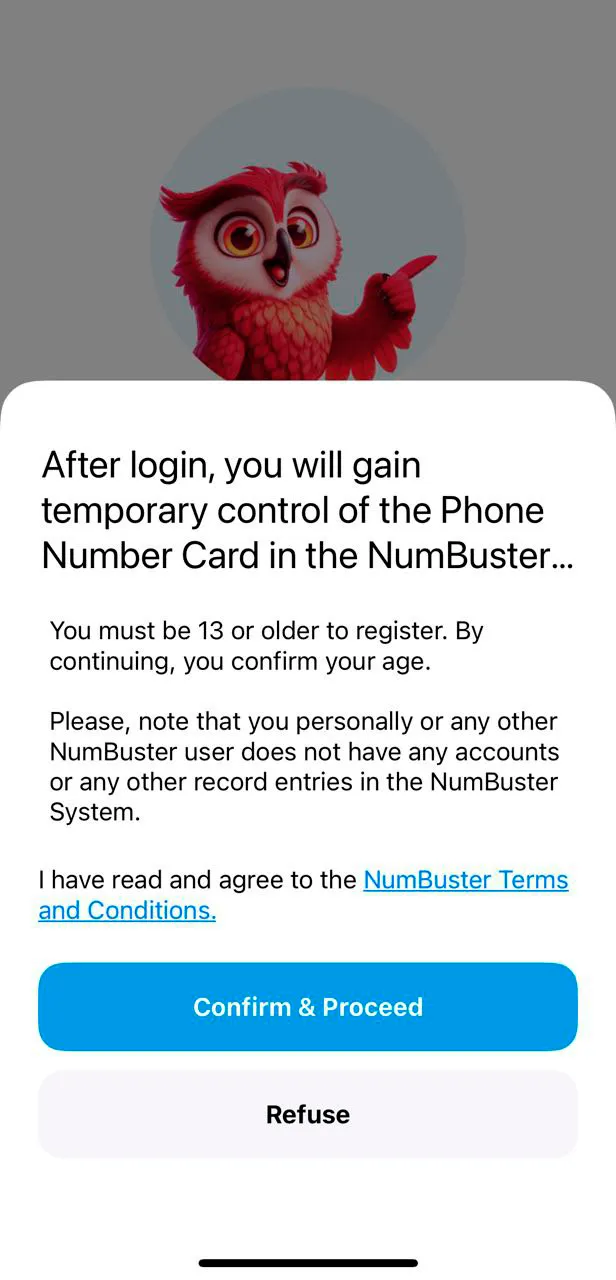 Подтверждение согласия с условиями использования в приложении NumBuster