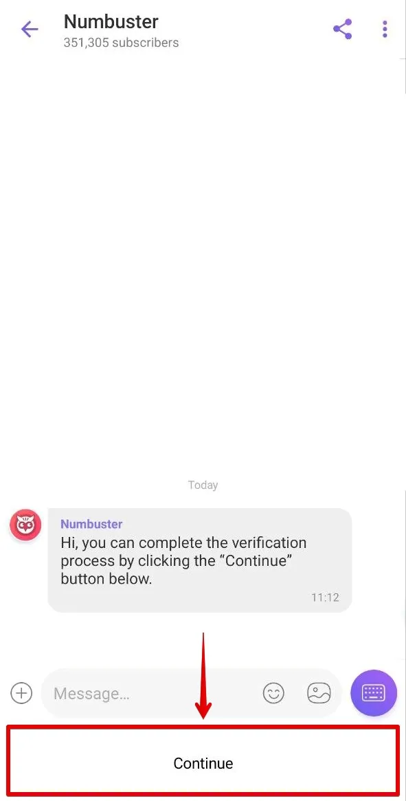 Кнопка Continue в боте Viber для подтверждения номера в NumBuster