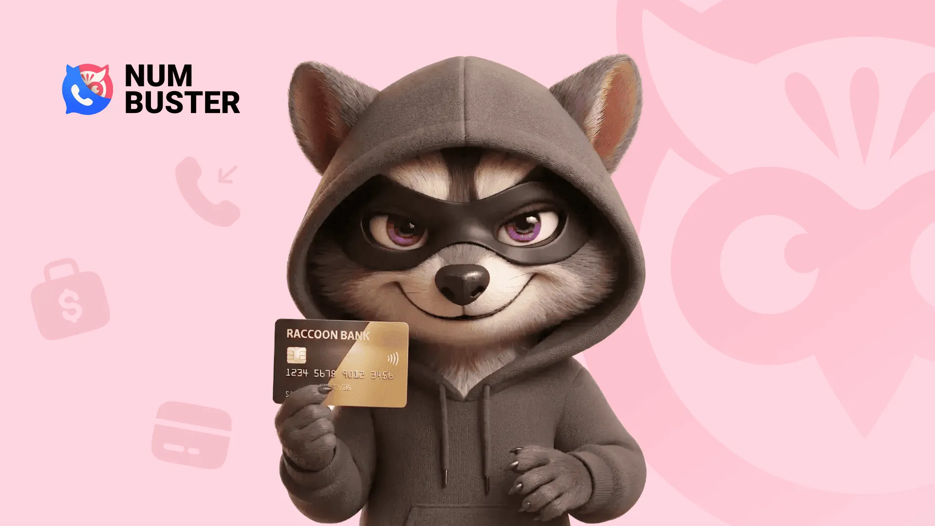 شخصية الراكون من NumBuster تحمل بطاقة بنكية توضح عملية احتيال بحظر البطاقات والابتزاز