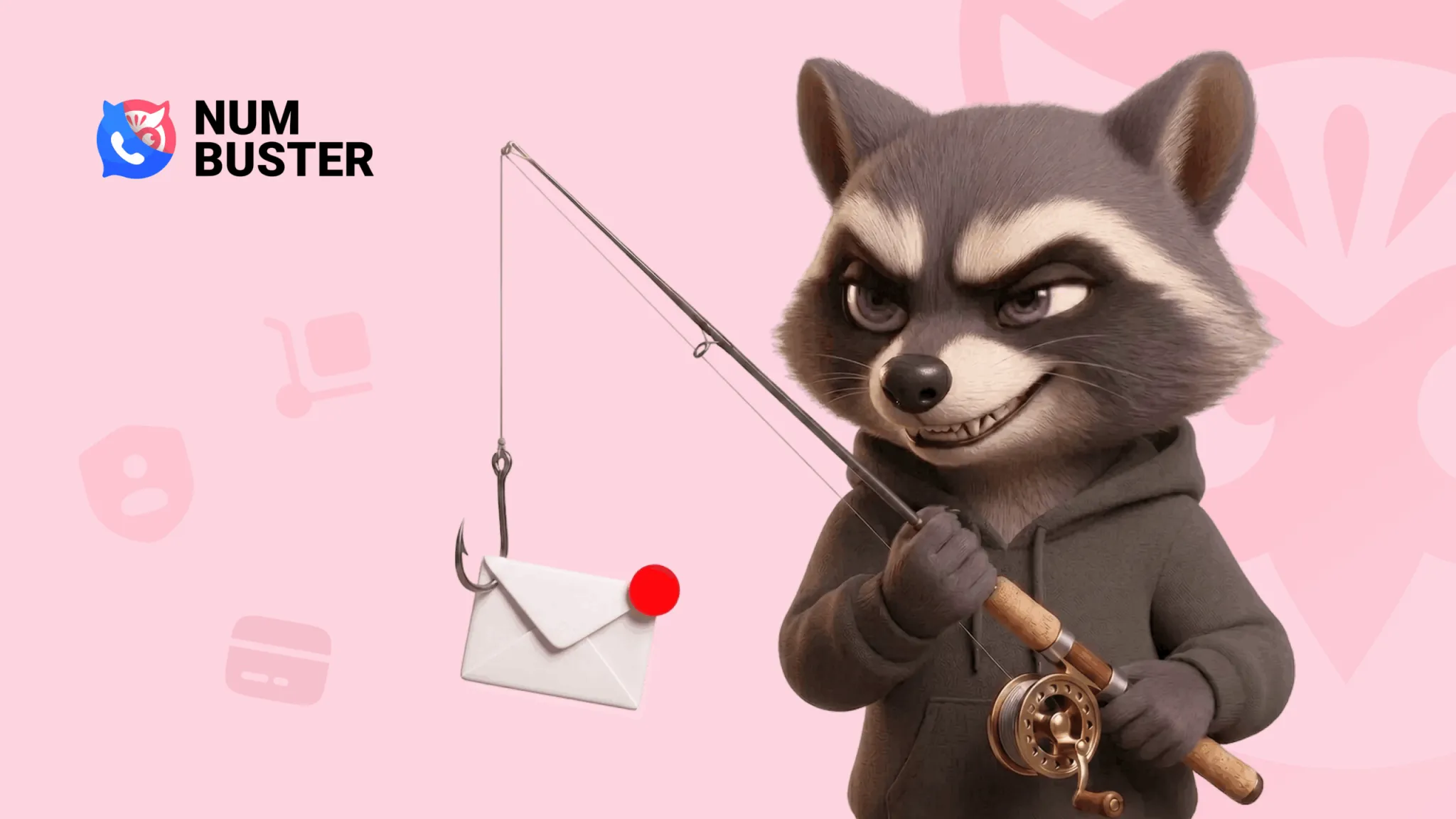 Ilustración de NumBuster de un mapache pescando un mensaje sospechoso, que representa intentos de phishing y estafa